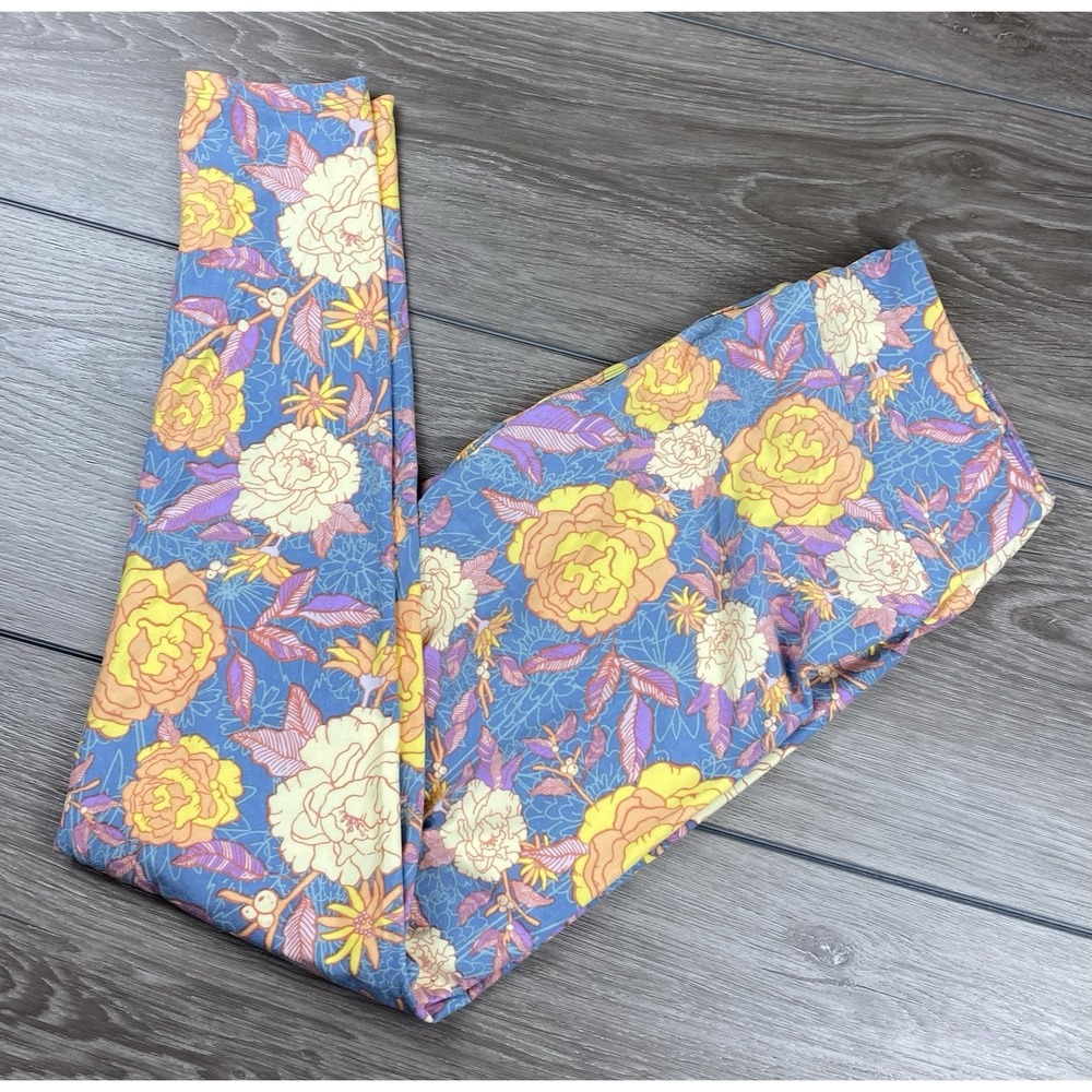Lularoe Women's Pull On Floral Rose Pattern Leggings Blue Tall & Curvy